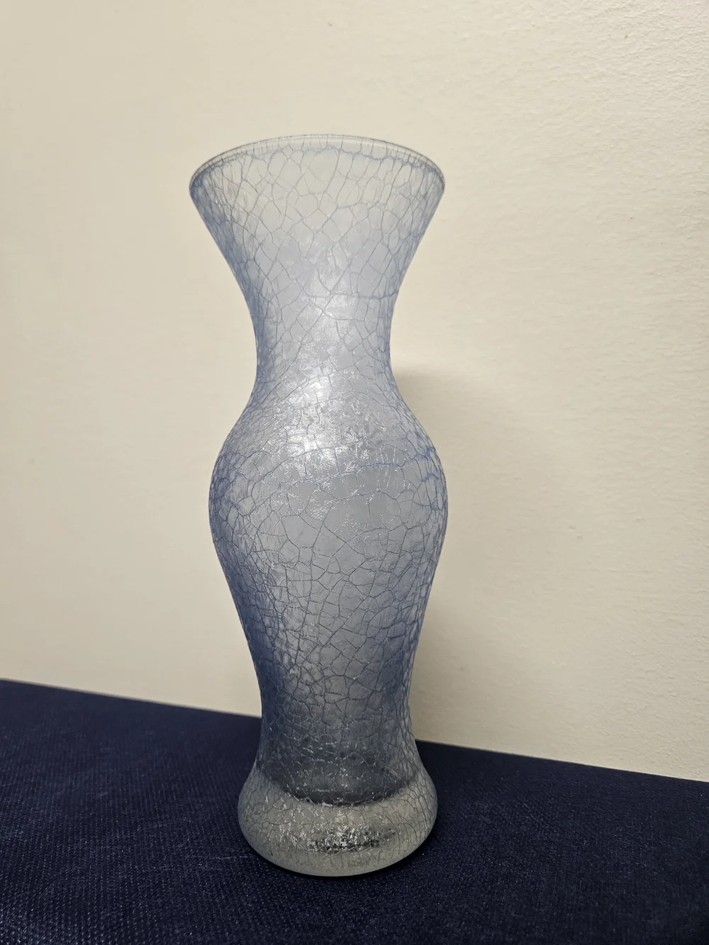 Pale Blue Crackle Glass Vase Flared Neck Curvy Silhouette 9 Inch Tall Decorative